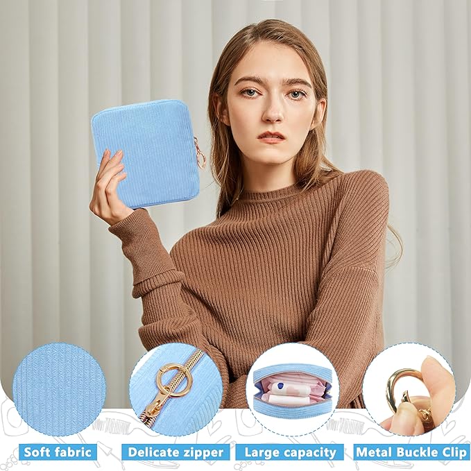 Period Bag for Girls, Corduroy Sanitary Napkin Storage Bag, Period Pouch & Tampon Holder, Feminine Care Organizer（Bule）