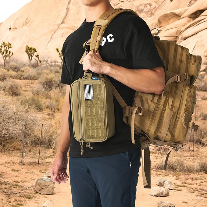 PAVILIA Tactical Toiletry Bag for Men, Water Resistant Molle Military Dopp Kit, Travel Hygiene Organizer with Wet Dry Storage for Shaving, Grooming, Gym and Camping, Tan XL