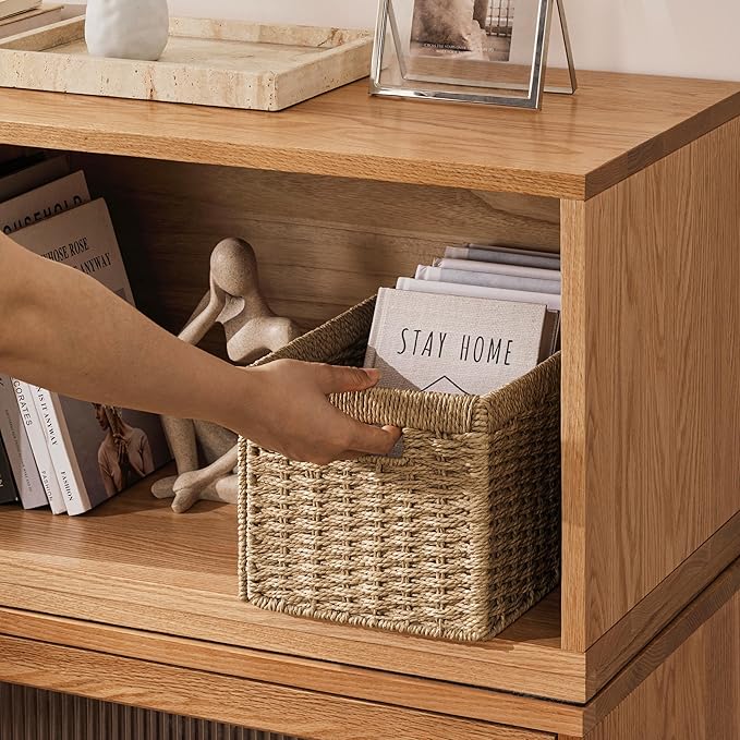 UBBCARE 4 Pack Wicker Basket, 13.4L×8.3H×7.1W inch Woven Paper Rope Storage Baskets for shelves, Foldable Rectangular Storage Baskets with Handle, Storage Basket for Organizing, Natural