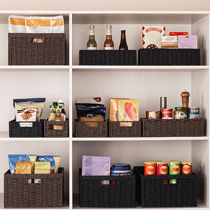 UBBCARE 3 Pack Wicker Basket, 13.4L×8.3H×7.1W inch Woven Paper Rope Storage Baskets for shelves, Foldable Rectangular Storage Baskets with Handle, Storage Basket for Organizing, Dark Brown