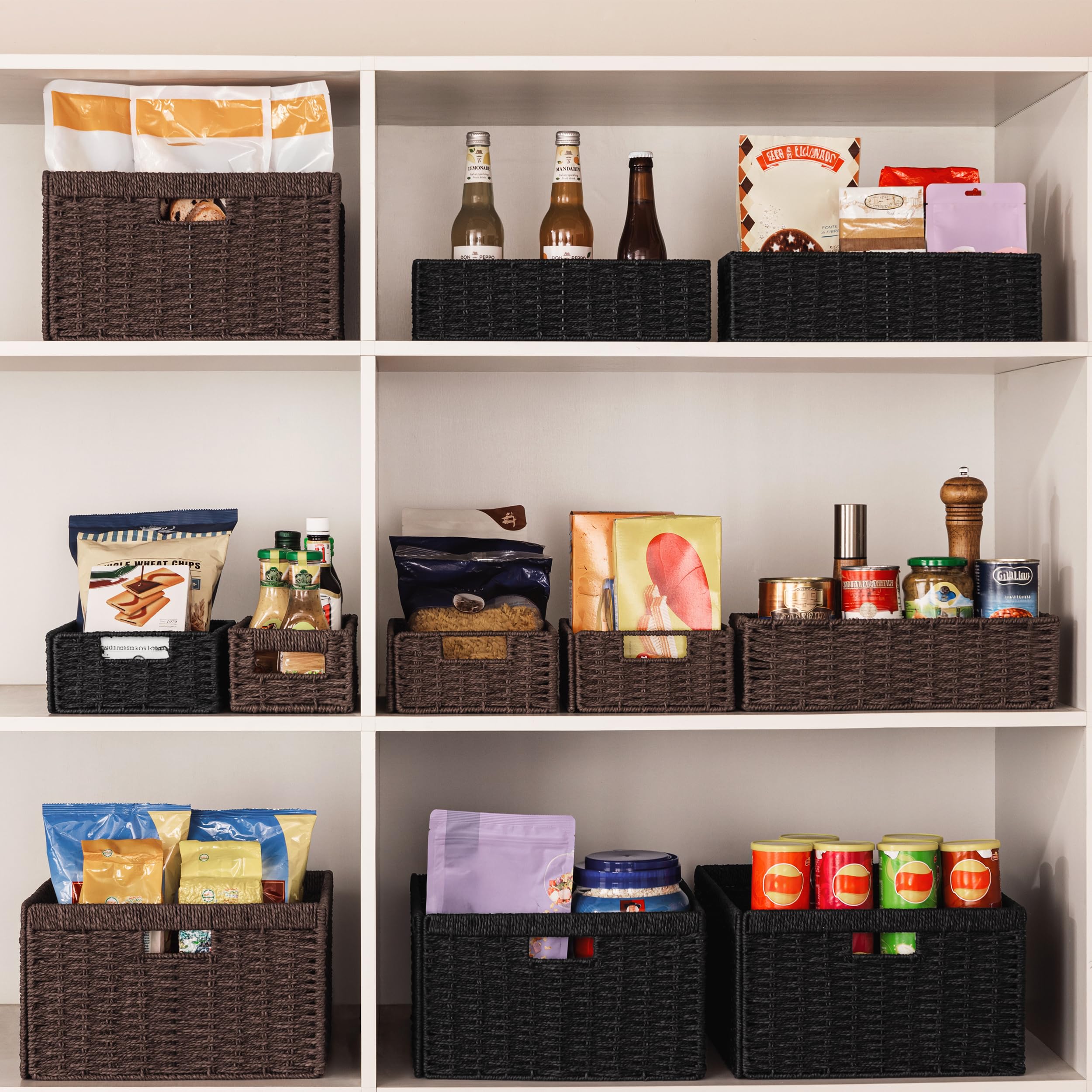 UBBCARE 2 Pack Wicker Basket, 13.4L×8.3H×7.1W inch Woven Paper Rope Storage Baskets for Shelves, Foldable Rectangular Storage Baskets with Handle, Storage Basket for Organizing, Dark Brown