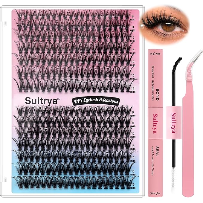 DIY Lash Extension Kit 30D&40D Cluster Lashes Set Glossy Deep Black Faux Mink Eyelashes with Tweezers, Bond & Seal Lightweight Natural-Looking Lash Extensions at Home (9–16mm, 30D+40D KIT)