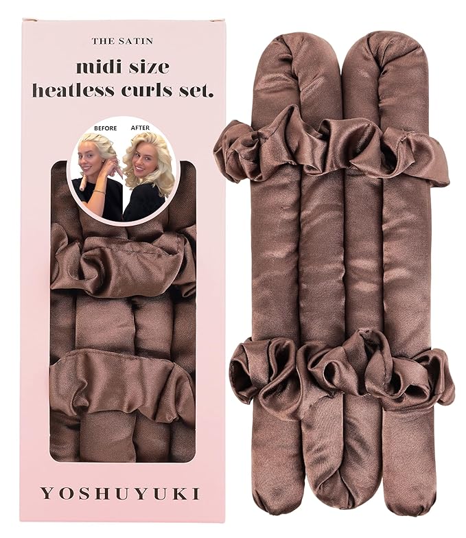 Small Heatless Curls Overnight Hair Curlers Ro324242um Hair to Sleep in, No Heat Curls Overnight Blowout Flexi Rods, Satin Heatless Curlers Curling Set for Fine Thin Hair - Brown