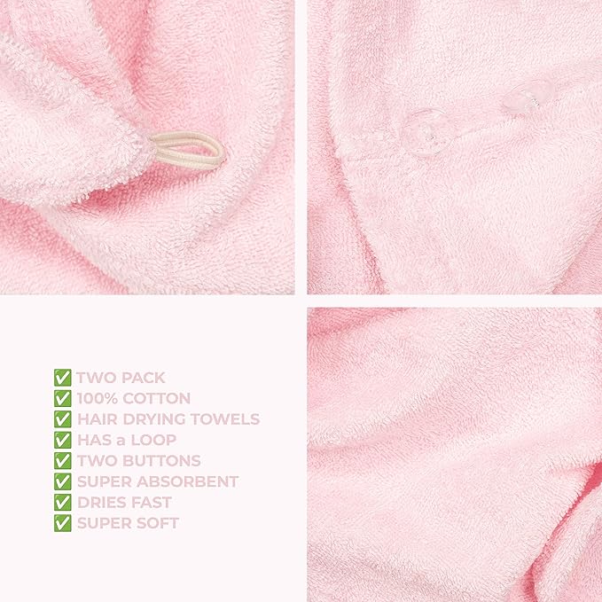 American Soft Linen 100% Cotton Hair Towels for Women, Head Towel Cap, Cotton Hair Turban Towel Wrap for Long Curly Anti Frizz Hair, Soft and Absorbent Cotton Hair Towels 2 Pack, Pink