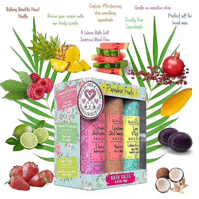 Bath Salts for Women – Relaxing Spa & Foot Soak – Bella & Bear Paradise Fruits – Fruity Scented Bath Soak Gift Set (6 Pack, 2oz) – Vegan & Cruelty-Free