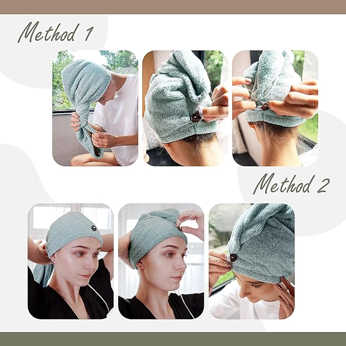 myHomeBody Hair Towel Wrap, Quick Drying Turban, Absorbent Cap – Green