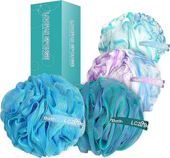 LCZLBath Loofah 4 Pack 75g Extra Large Loofa Set Soft Bath Sponge Thick Body Wash Puffs for Shower (Purple-Blue-Green-Mixed)