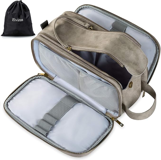 Elviros Toiletry Bag for Men, Large Travel Shaving Dopp Kit Water-resistant Bathroom Toiletries Organizer PU Leather Cosmetic Bags