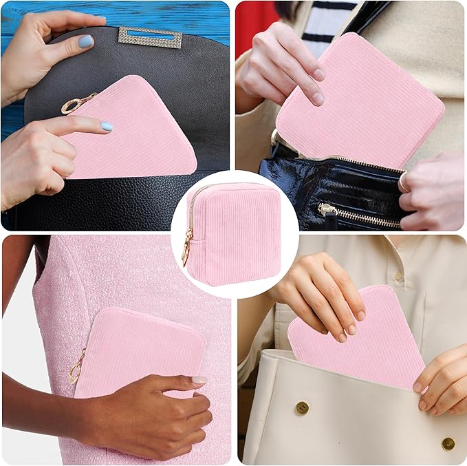 Period Bag for Girls, Corduroy Sanitary Napkin Storage Bag, Period Pouch & Tampon Holder, Feminine Care Organizer（Pink）