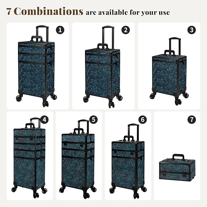 JINGUAN Profesional Rolling Makeup Train Case with Lid, 5 in 1 Cosmetology Case on Wheels, Large Cosmetic Trolley Organizer Travel for Hairstylist Artist Nail Beauty Salon Barber, Blue