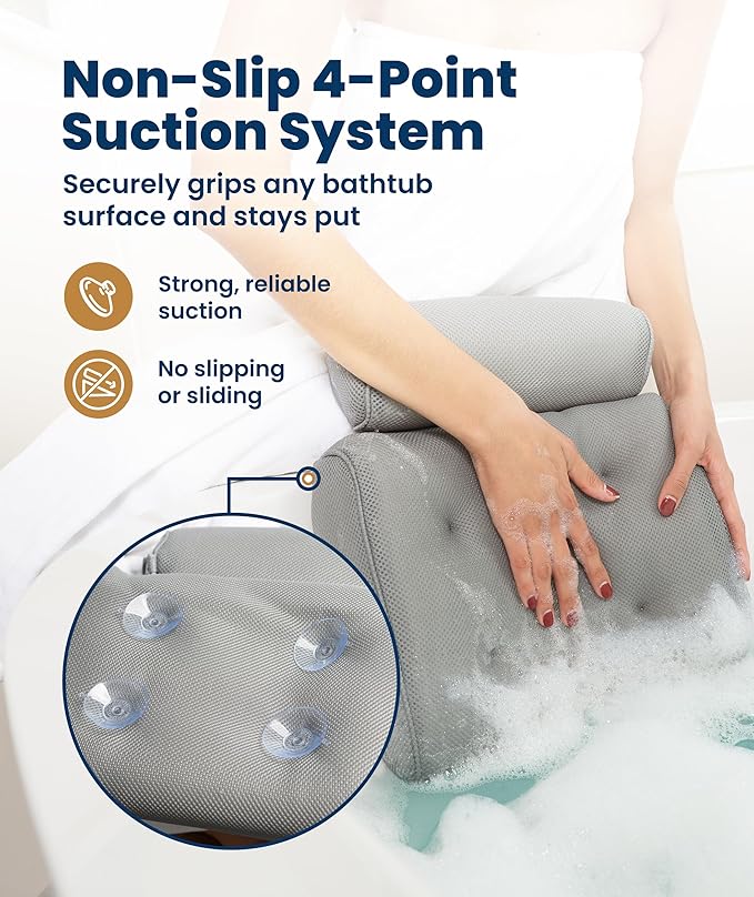 Everlasting Comfort Luxury Bath Pillow for Tub – Quick-Dry 4D Mesh – Gray