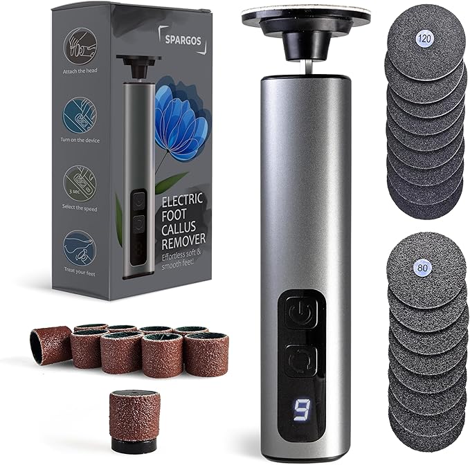 Electric Foot Callus Remover – Rechargeable Metal Foot File for Dead Skin & Cracked Heels – 9 Speed Professional Pedicure Tools with 60 Sanding Discs – Powerful Heel Scraper for Feet, Black