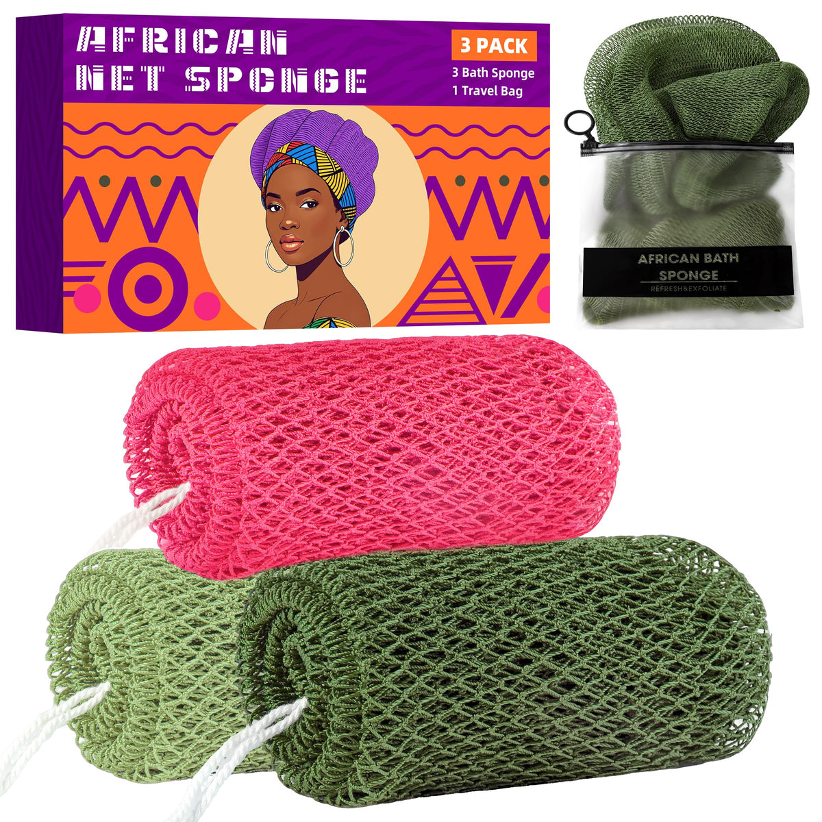 African Net Sponge 3 Pack with Travel Bag (Purple/Pink/Green)