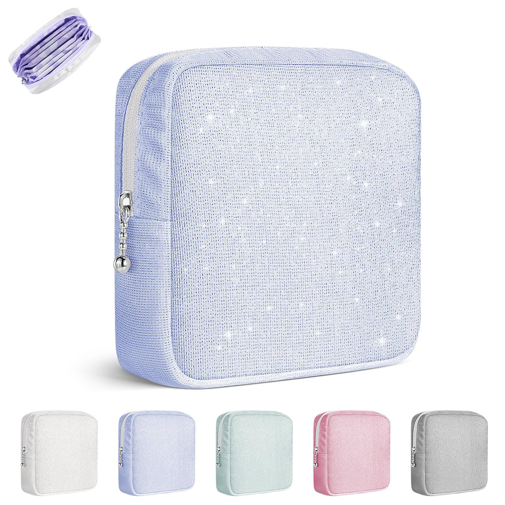 Playexen Period Bag, Sanitary Napkin Storage Bag with Zipper, Portable Menstrual Pad Tampon Holder for Purse (Glitter-Blue)