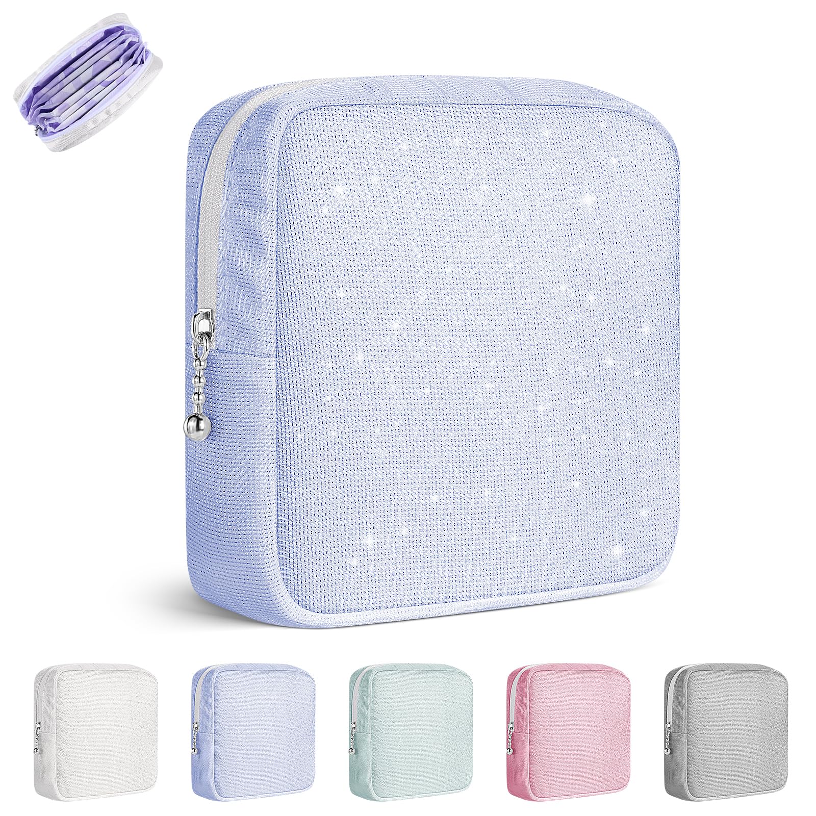 Playexen Period Bag, Sanitary Napkin Storage Bag with Zipper, Portable Menstrual Pad Tampon Holder for Purse (Glitter-Blue)