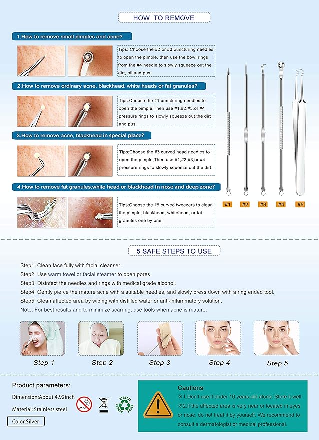 5PCS Blackhead Remover Comedone Extractor, Curved Blackhead Tweezers Kit, Professional Stainless Pimple Acne Blemish Removal Tools Kit for Manual