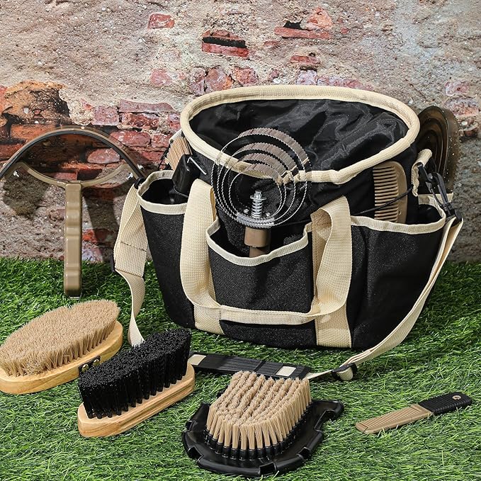 Abbylike 12 Pieces Horse Grooming Kit with Organizer Tote Bag Tack Room Supplies Horse Brush Sets Equine Care Cleaning Kit Shedding Grooming Massaging Tools(Black and Dark Grey)