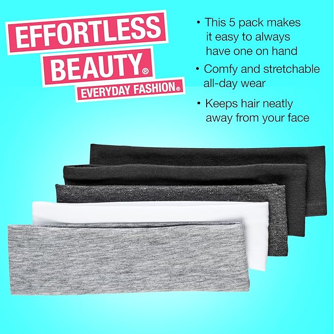 Scunci by Conair Soft Stretchable Headbands- accessories for women - mens headband - running headband- Assorted Colors - 5 Count