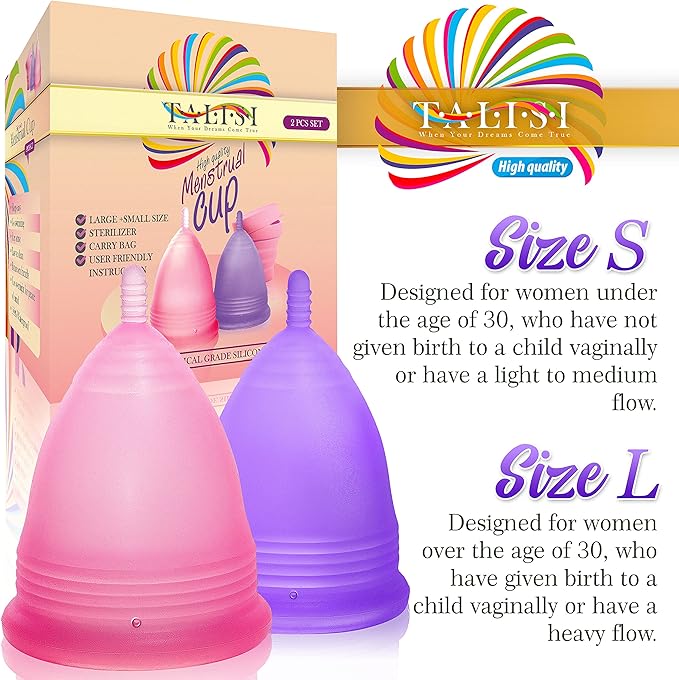 Talisi Menstrual Cups Set of 2 (Small & Large) Super Soft Reusable Period Kit with Collapsible Silicone Sterilizer Case, Storage Bag Menstruation Feminine Copa for Teens, Beginners, Heavy Flow