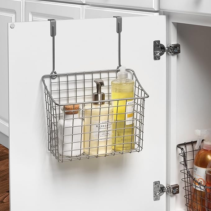 Spectrum Hanging Baskets for Organizing (Large, Satin Nickel) - Grid Over the Cabinet Wire Basket for Kitchen or Bathroom - Door Hanging Storage Organizer for Cleaning Supplies, Washcloths, & Towels