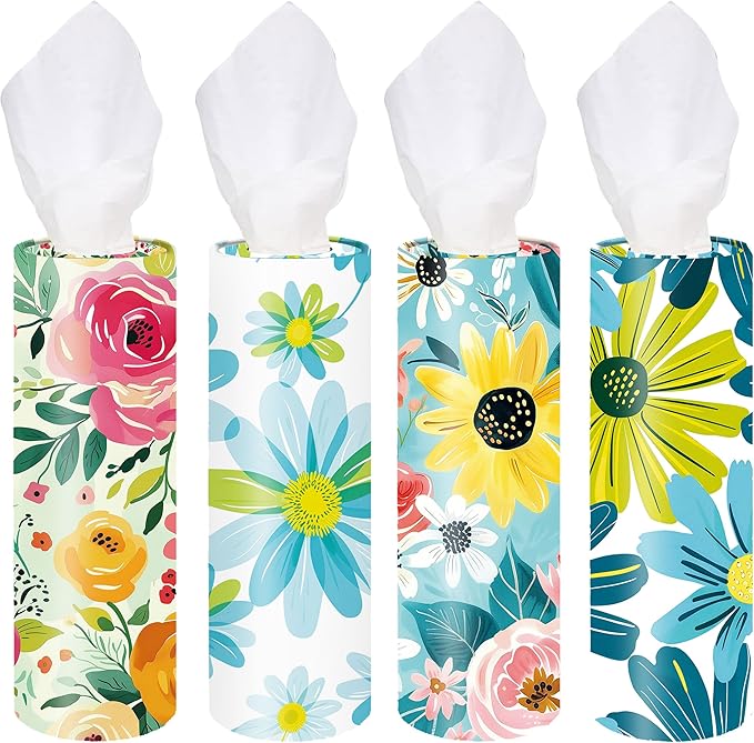 4-Pack Car Tissue Cylinders - Cute Floral Pattern, Fits Cup Holders, Travel Tissue Tubes with Facial Tissues (Cute Floral)