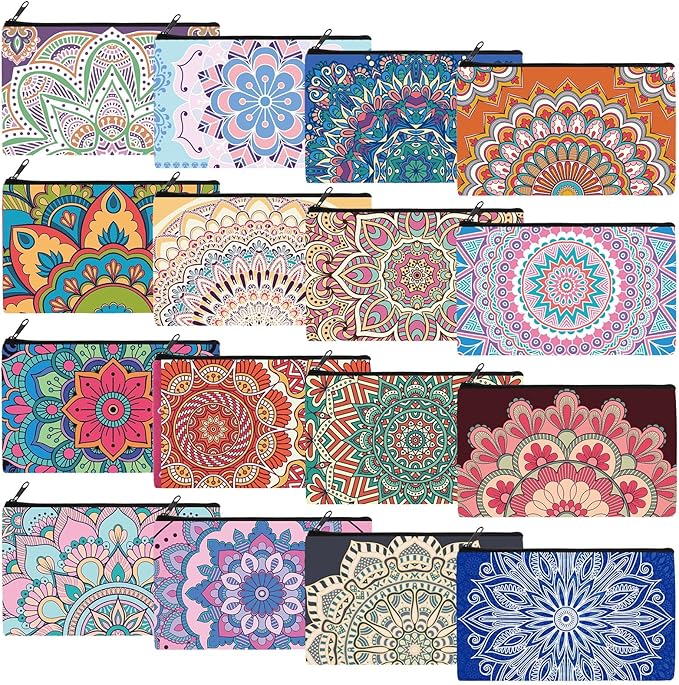 Yahenda 16 Pcs Graduation Canvas Makeup Bags Bulk for Women Appreciation Inspirational Gifts Cosmetic Zipper Pencil Pouch Travel Toiletry Bag for Teacher Birthday Mother's Day(Mandala)