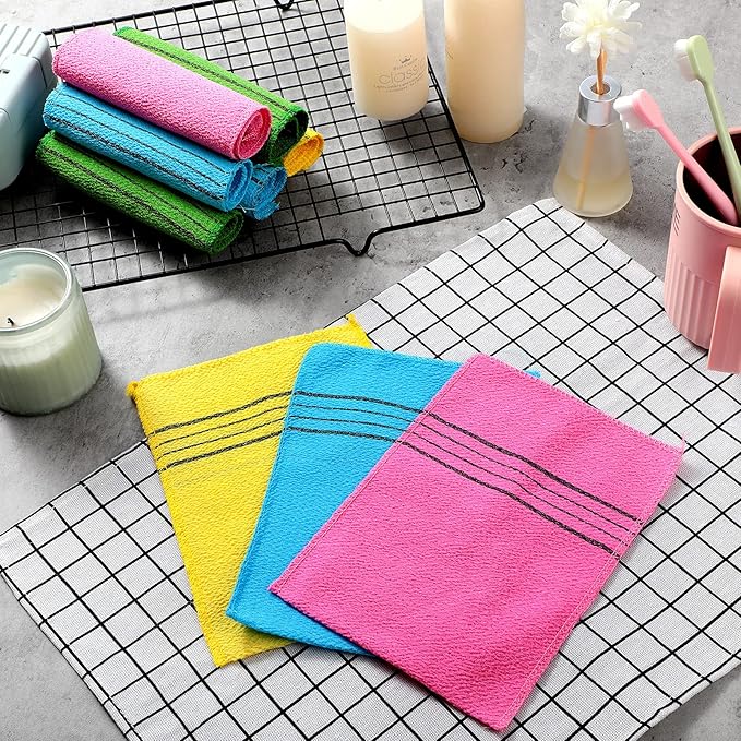 Tatuo 12 Pack Korean Exfoliating Mitt & Cloth, Viscose Rayon Dead Skin Remover Washcloth, Multi Color Body Scrub Towel for Shower Spa Travel(Small,Yellow, Green, Blue, Pink)