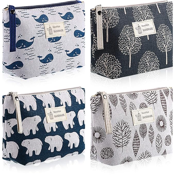 Boao 4 Pcs Canvas Cosmetic Pouches for Purse Makeup Bags Set Small with Zipper Cute Multi Functional Toiletry Travel Organizer for Back to School Women Gift, 4 Styles(Small,Whale, Bear, Tree, Leave)
