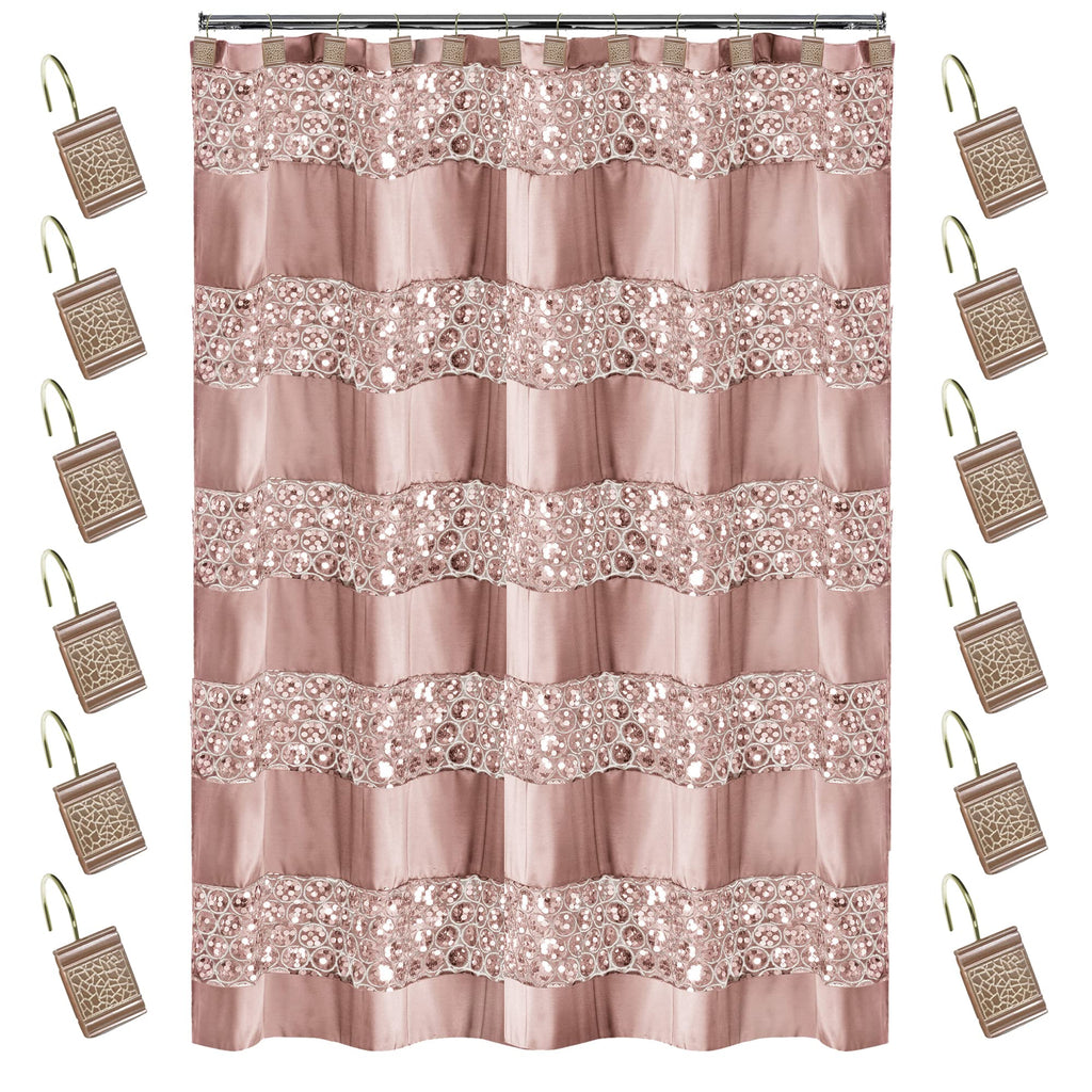 Zahari Home 13pc Sinatra Bathroom Shower Curtain Set - Blush Luxury Fabric With 12 Hooks - Unique Design Bling