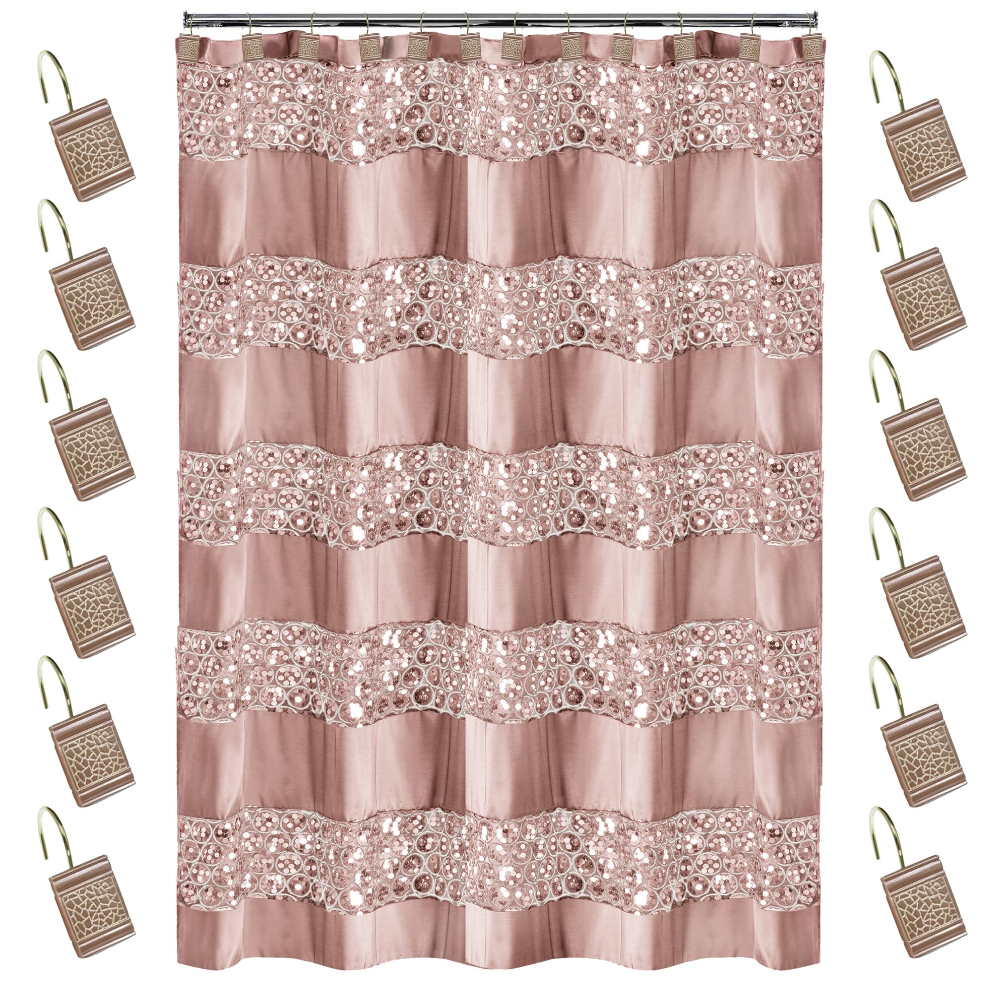 Zahari Home 13pc Sinatra Bathroom Shower Curtain Set - Blush Luxury Fabric With 12 Hooks - Unique Design Bling