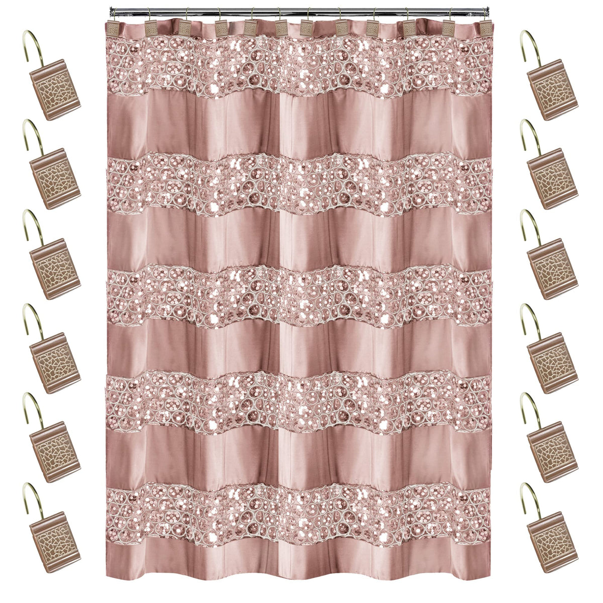 Zahari Home 13pc Rose Vine Bathroom Sheer Shower Curtain Sets Sheer Shower Curtain & 12 Shower Bathroom Hooks Modern Classic Luxury Contemporary Decor Beige Shower Curtain Set