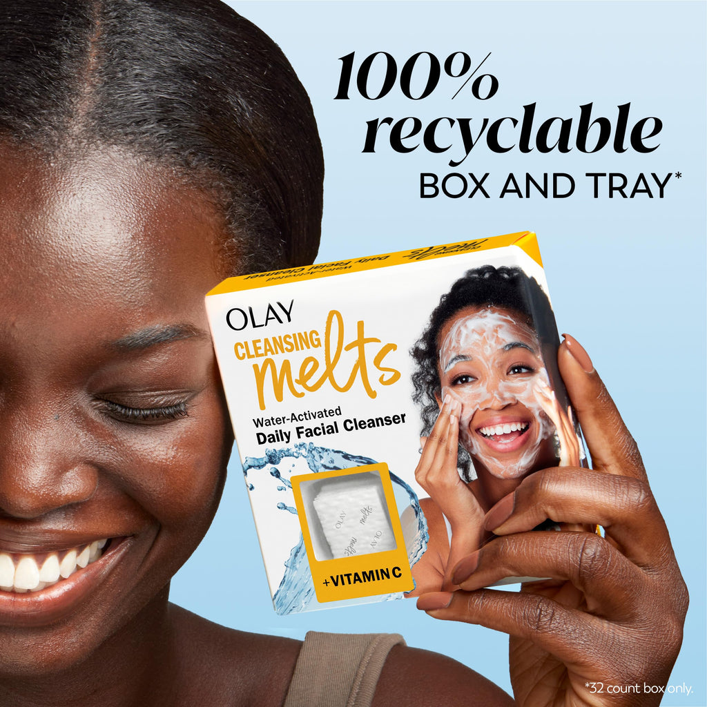 Olay Face Wash, Vitamin C Cleansing Melts, Daily Use Gentle Cleanser, For All Skin Types, Travel Size, Soft Citrus Scent, Water-Activated to Clean, Tone, and Refresh, 64ct (2 Pack x 32ct)