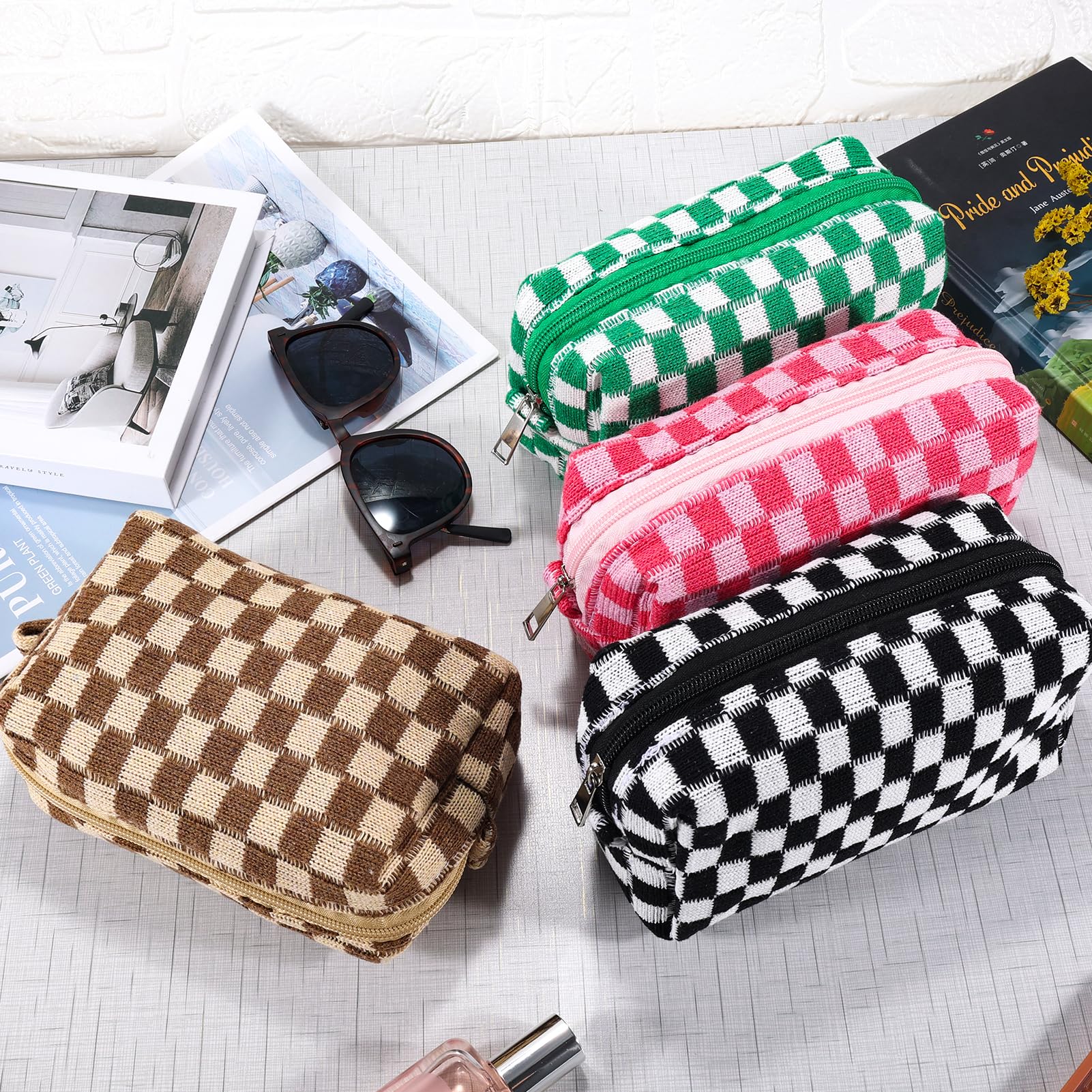 ZLFSRQ 4Pcs Checkered Pencil Case Cute Pencil Pouch for Teens Checkered Makeup Bag Medium Travel Cosmetic Bag Makeup Pouch for Purse Aesthetic Trendy Zipper Toiletry Bags(Green/Black/Pink/Brown)