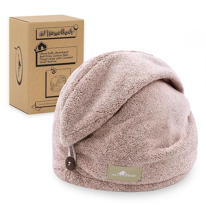 myHomeBody Hair Towel Wrap, Quick Drying Turban, Absorbent Cap – Pink