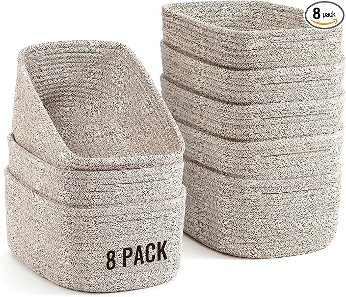 8 Pack Small Storage Baskets for Organizing, Woven Rope Bins for Bathroom, Closet, Shelf Organizer, Cute Cube Decorative Box for Towels, Baby Nursery, Toys, Gift Empty Baskets - 11.5"x7.5"x4.7"-White