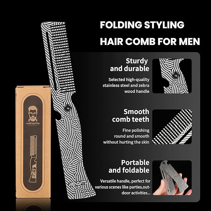 Metal Beard Comb for Men, Folding, 201Steel, Laser Engraved Handle, 0.17lb