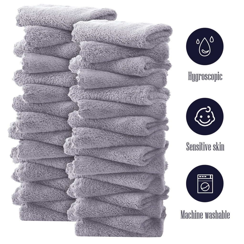 32 Pack Baby Washcloths - 10x10 Inch, Coral Fleece - Extra Absorbent and Soft Wash Clothes for Newborns, Infants and Toddlers - Suitable for Sensitive Skin and New Born - Baby Shower - Light Grey