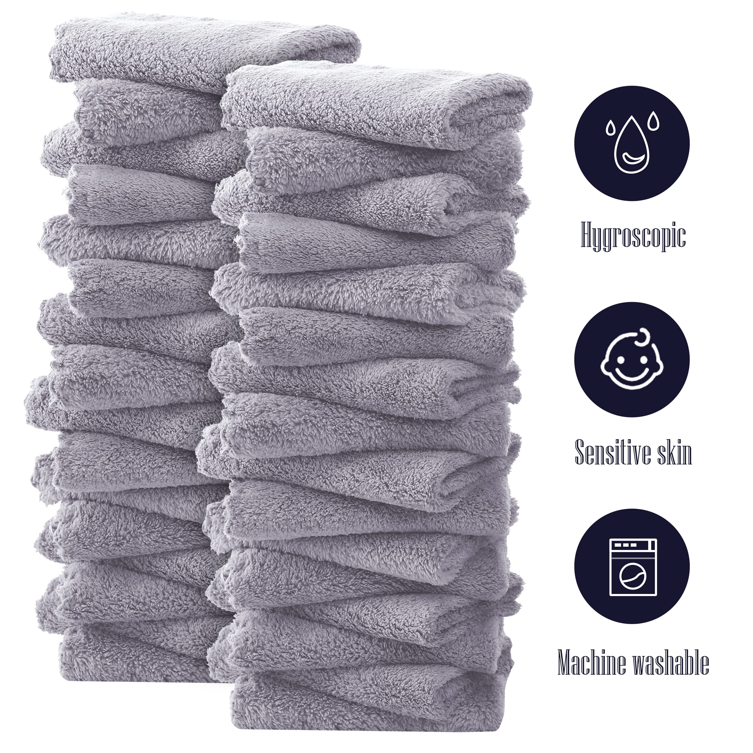32 Pack Baby Washcloths - 10x10 Inch, Coral Fleece - Extra Absorbent and Soft Wash Clothes for Newborns, Infants and Toddlers - Suitable for Sensitive Skin and New Born - Baby Shower - Light Grey