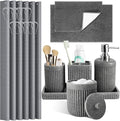 XLHOMO 8-Piece Grey Bathroom Sets with Shower Curtain and Rugs, Resin Bathroom Accessories Sets Complete with Soap Dispenser, Toothbrush Holder, Tumbler & Apothecary Jars Bathroom Essentials