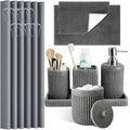 XLHOMO 8-Piece Grey Bathroom Sets with Shower Curtain and Rugs, Resin Bathroom Accessories Sets Complete with Soap Dispenser, Toothbrush Holder, Tumbler & Apothecary Jars Bathroom Essentials