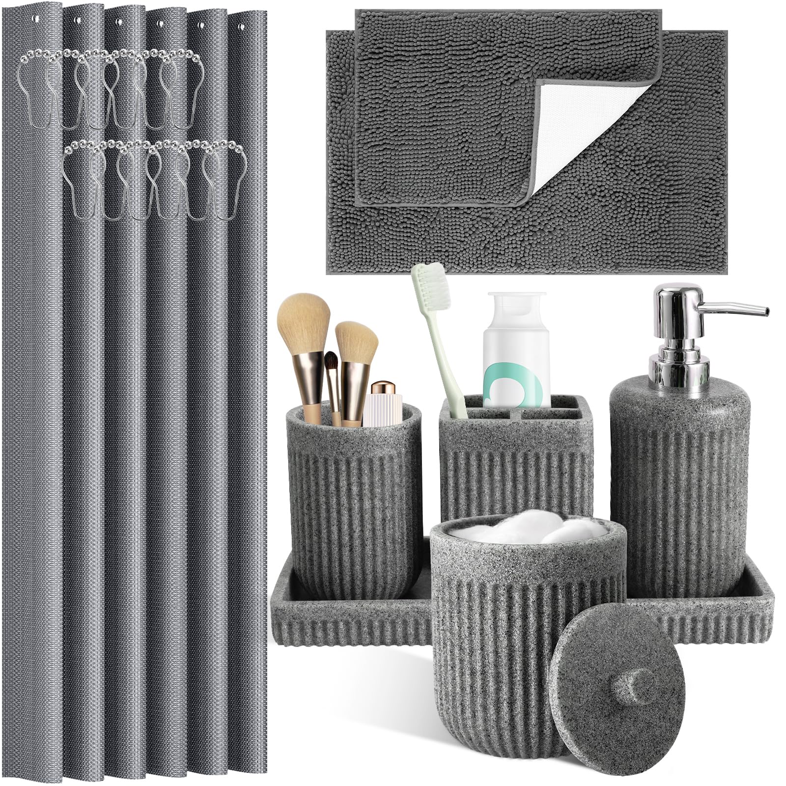 XLHOMO 8-Piece Grey Bathroom Sets with Shower Curtain and Rugs, Resin Bathroom Accessories Sets Complete with Soap Dispenser, Toothbrush Holder, Tumbler & Apothecary Jars Bathroom Essentials
