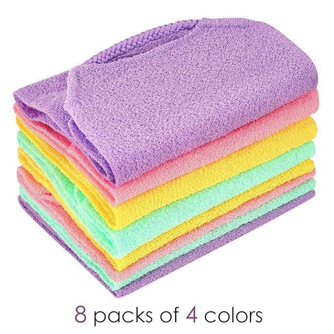 Linkidea 8 Pack Stretchable Pull Strap Exfoliating Towel Bulk Pack, Wholesale Multi-Pack Exfoliating Back Scrubber with Handles, Scrub Bath Washcloths, Deep Cleans Skin for Body Shower