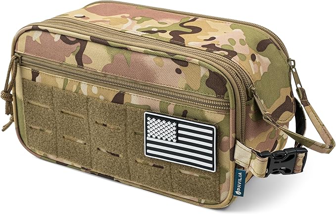 PAVILIA Tactical Toiletry Bag for Men, Water Resistant Molle Military Dopp Kit, Travel Hygiene Organizer with Wet Dry Storage for Shaving, Grooming, Gym and Camping, Camo