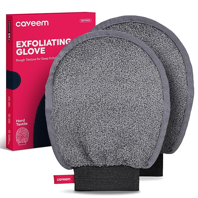 Caveem Exfoliating Mitt, Body Scrubber for Deep Exfoliation, Korean Scrub Mitt, Turkish Body Exfoliator for Remove Dead Skin, Gentle Lightweight Loofah Bath Glove for Shower (2 Pack)