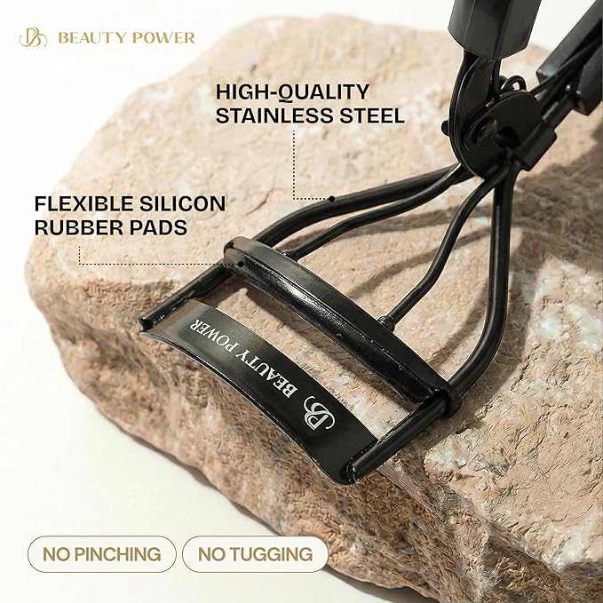 Beauty Power Eyelash Curler - Precision Lash Lift in Seconds with 5 Replacement Pads, Eyebrow Brush & Satin Travel Bag - Gentle & Safe, Stainless Steel for Perfect Extra Curls - Gift Idea (Extra Curl)