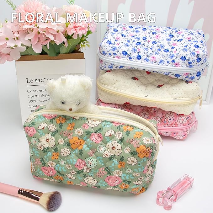 PAZIMIIK Small Quilted Makeup Bag,Zipper Cosmetic Pouch,Green Floral,6 Pack