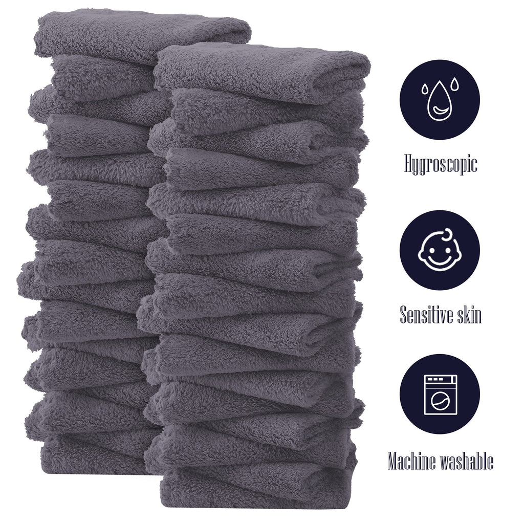 32 Pack Baby Washcloths - Luxury Coral Fleece - Extra Absorbent and Soft Wash Clothes for Newborns, Infants and Toddlers - Suitable for Sensitive Skin and New Born - Baby Shower - Grey, 10x10 Inch