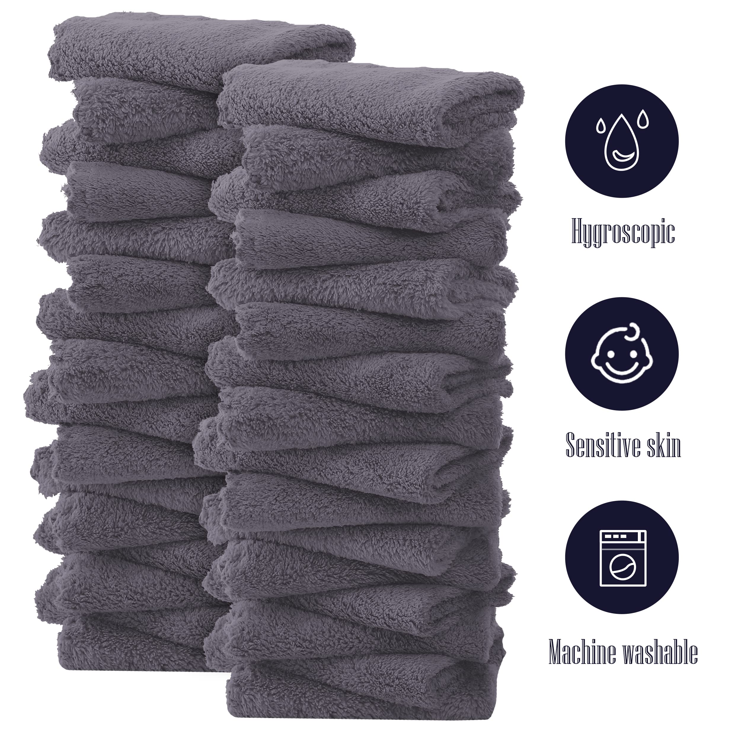 32 Pack Baby Washcloths - Luxury Coral Fleece - Extra Absorbent and Soft Wash Clothes for Newborns, Infants and Toddlers - Suitable for Sensitive Skin and New Born - Baby Shower - Grey, 10x10 Inch