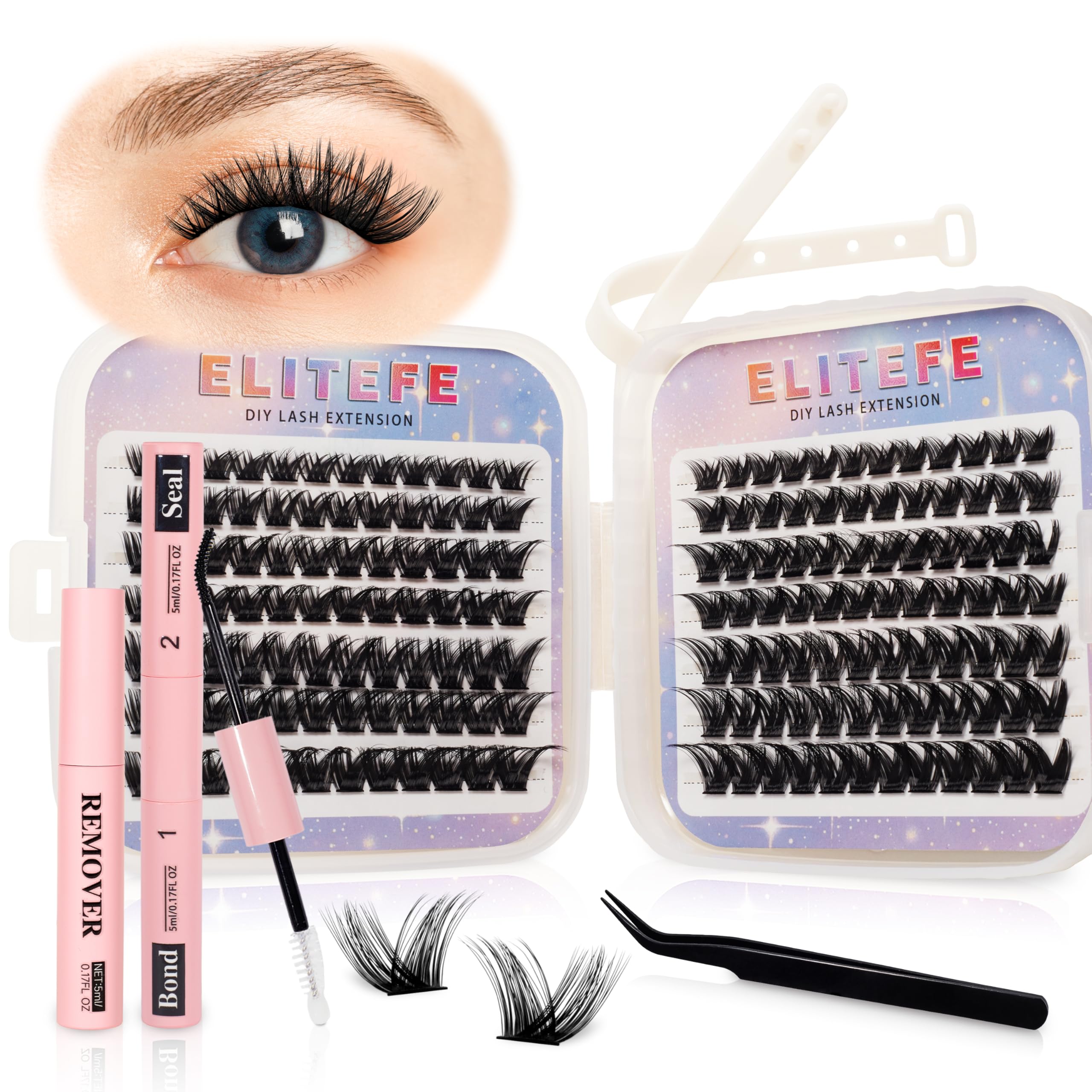 Elitefe Lash Extension Kit DIY Lash Clusters Kit Eyelash Extensions Individual Lashes Extensions with (BondSeal,Tweezers,Remover,168PcsDesert Rose,8-16)