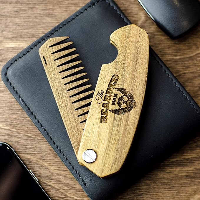 Beard Comb for Men Pocket Folding Combs for Mustache & Hair Travel Natural Wooden Comb with Real Man Engraving - Perfect for Use w/Beard Balm Oil (The Bearded Man)